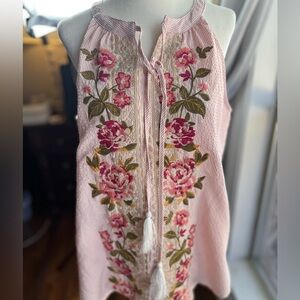 Savanna Jane Pink Embroidered Floral Tassel Seersucker Tank Top Large Boho Roses